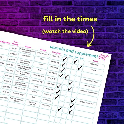 Runners Vitamin and Supplement Tracker, Fillable PDF, Vitamin Log