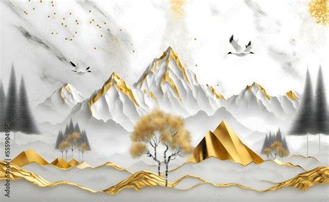 3d Modern Landscape Art Mural Wallpaper With Christmas Tree Golden