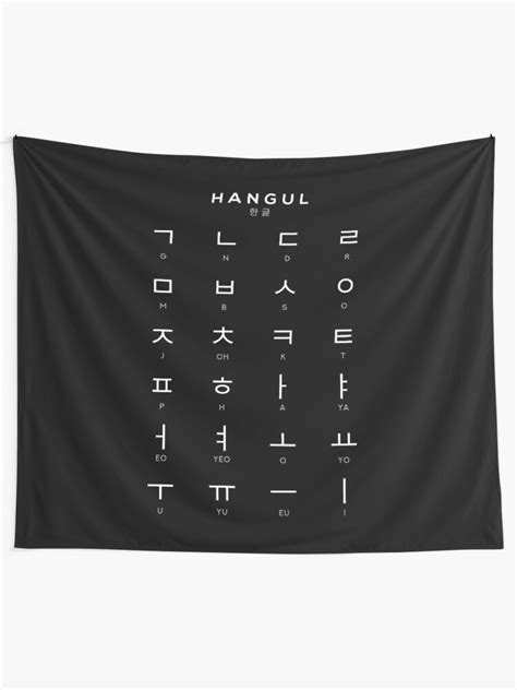 Korean Alphabet Chart Hangul Language Chart Black Tapestry By