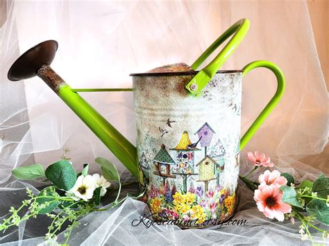 Large Watering Can Decoupage Birdhouse In Flower Garden 1 5 Gallons