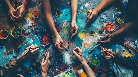 Premium Photo Top View Of Unrecognizable People Painting Together On