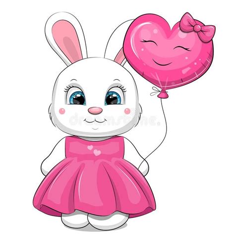 Cute Cartoon White Rabbit With Pink Dress And Balloon Vector