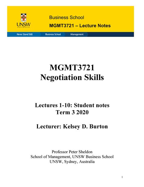 Mgmt3721 Lecture Notes T3 2020 Mgmt Negotiation Skills Lectures 1