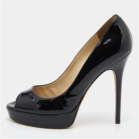 Jimmy Choo Black Patent Leather Crown Platform Peep Toe Pumps Size 39 Jimmy Choo The Luxury Closet