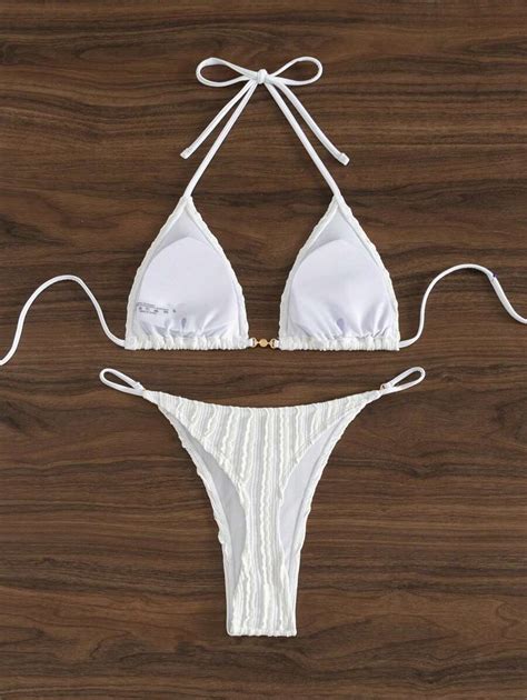 SHEIN Swim Solid Texture Separated Bikini Set Thong Bikini Set Swimwear Bathing Suit Beach