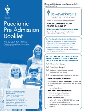 Fillable Online Sah Org Paediatric Pre Admission Booklet Sydney