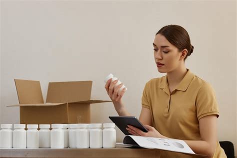 Premium Photo Woman Holding Pill Bottle Doing Quality Control At