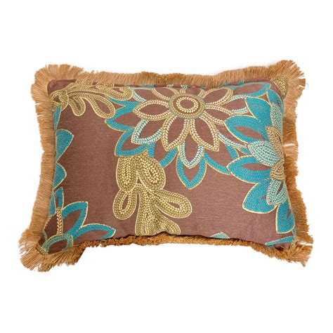 Large Rectangular Brown And Turquoise Floral Pillow With Jute Fringe Chairish