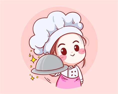 Female chef is wearing an apron, wearing a hat, holding a silver dome ...