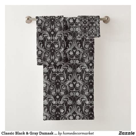 Classic Black And Gray Damask Pattern Bath Towel Set Zazzle Patterned