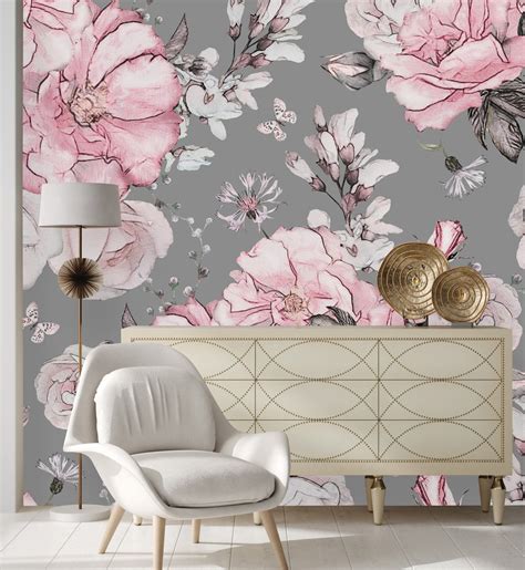 Contemporary Grey Wallpaper with Pink Flowers – Lovecup.com