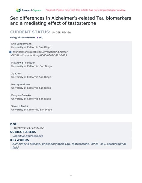 Pdf Sex Differences In Alzheimers Related Tau Biomarkers And A