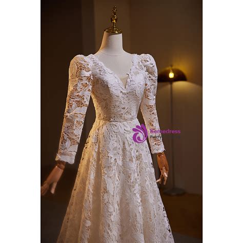White Lace Long Sleeve V-neck Wedding Dress