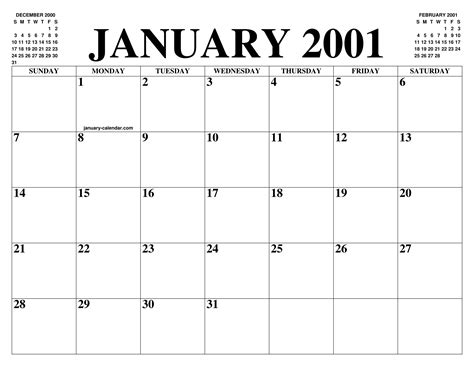 January 2001 Calendar Of The Month Free Printable January Calendar Of