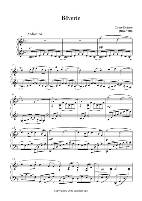 Debussy Rêverie easy Piano Sheet Music ,classical Music, Music Score ...