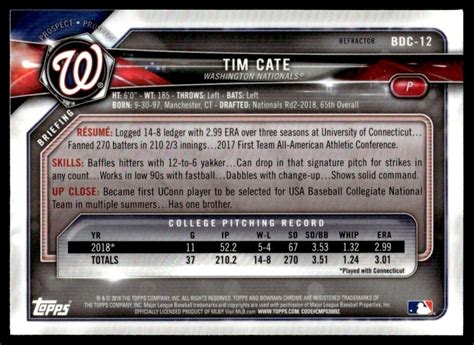 Bowman Draft Chrome Refractor Tim Cate G Washington Nationals