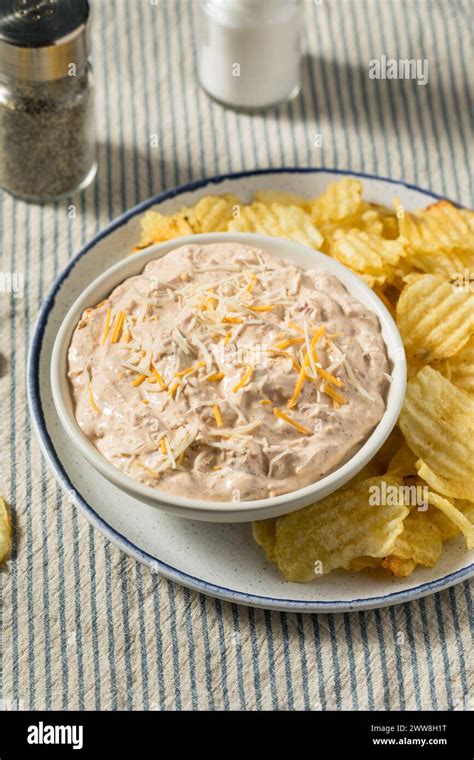 Homemade Taco Boat Dip Appetizer With Potato Chips Stock Photo Alamy