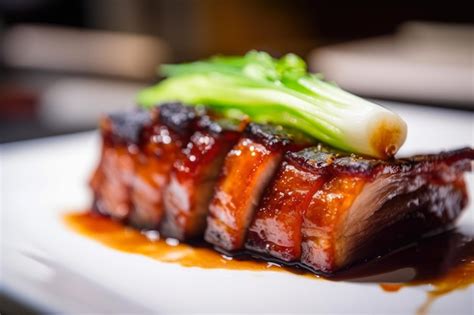 Premium Ai Image Macro Shot Of Crispy Pork Belly With Hoisin Sauce And Scallions