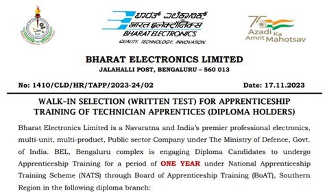 BEL Recruitment 2023 Apprentice Posts Apply Now Tamilanguide