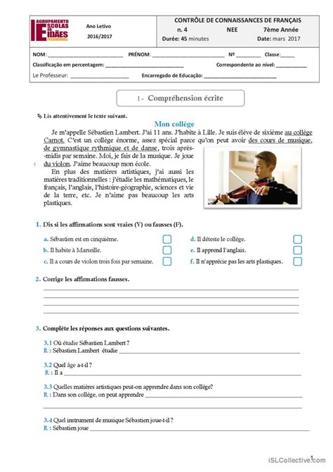 Test Dévaluation écrite Et Oral Com… Français Fle Fiches Pedagogiques