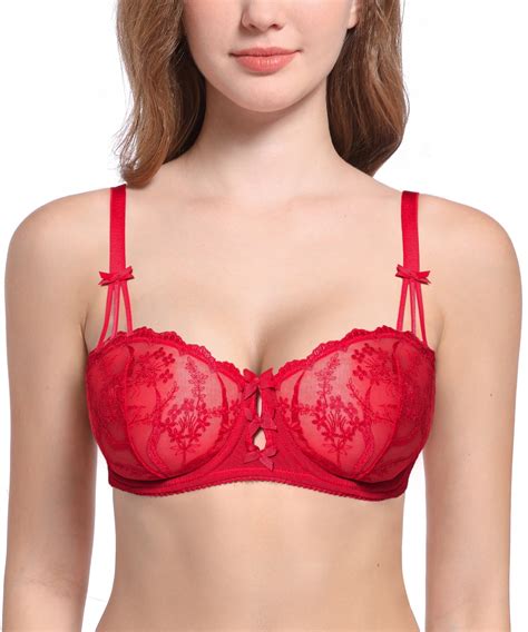 Deyllo Womens Unlined Lace Bra Embroidered 12 Cup Demi Sheer See Through Underwire Bras Non