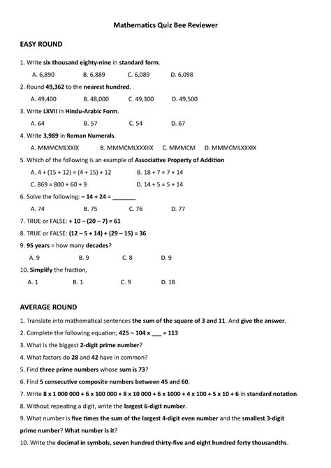 Mathematics Quiz Bee Reviewer G G And G Mathematics Quiz Bee