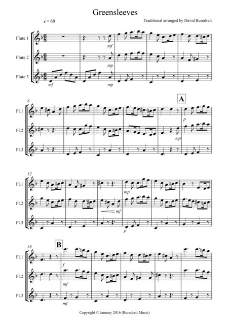 Greensleeves For Flute Trio Arr David Burndrett By Traditional Sheet