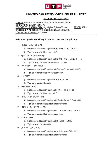 S S Tarea Balance De Ecuaciones Y Reacciones Qu Micas