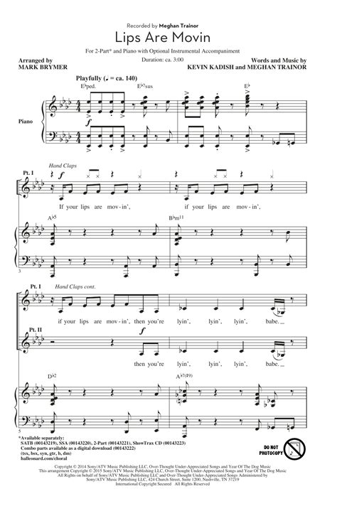 Lips Are Movin Arr Mark Brymer By Meghan Trainor Sheet Music For 2