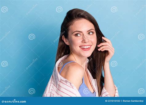 Profile Side View Portrait Of Attractive Cheerful Feminine Glad Dreamy Girl Posing Isolated Over