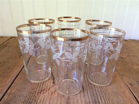 Set Of Six Vintage Drinking Glasses With Gold Rims And