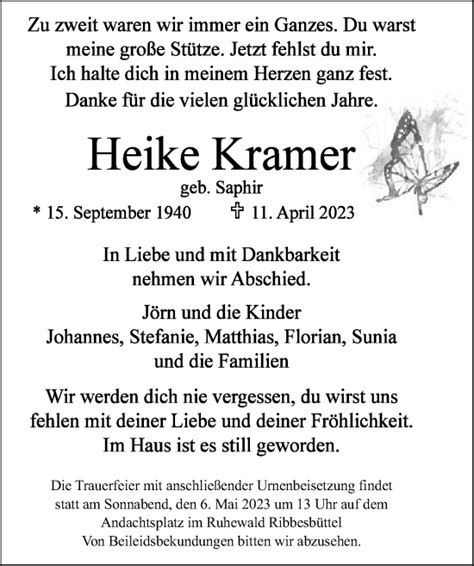 Traueranzeigen Von Heike Kramer Trauer Anzeigen De