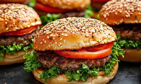 close  grilled beef burgers  lettuce tomato  sesame buns stock