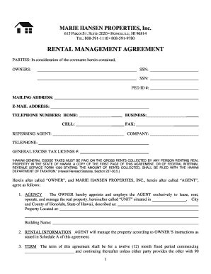 Fillable Online RENTAL MANAGEMENT AGREEMENT Marie Hansen Properties