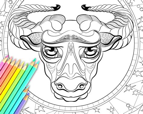 Taurus Zodiac Sign Printable Coloring Pages Adult Astrology Etsy Sweden