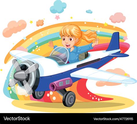 Girl pilot flying airplane with rainbow Royalty Free Vector