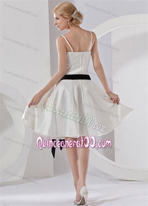 Spaghetti Straps Black Sash Knee Length 2013 White Dama Dress Quinceanera 100