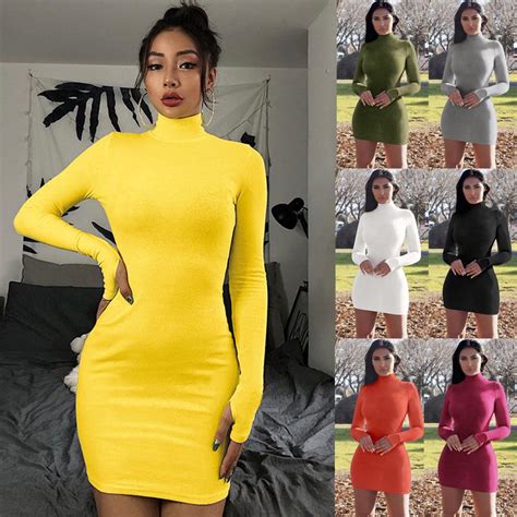 Buy Women Fashion Bodycon Bandage Dress Solid Color Long Sleeve Package Hip Sexy Mini Dress At