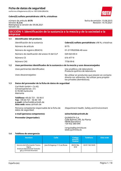 Hoja de Seguridad del Sulfato de Cobre Pentahidratado SECCIÓN 1