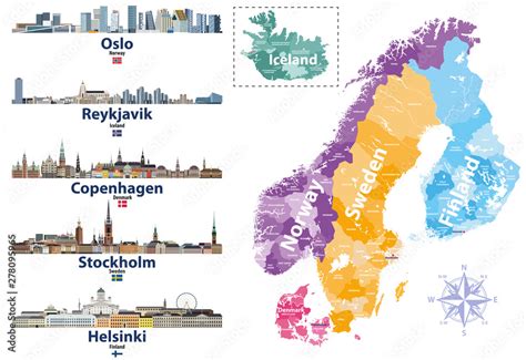 Scandinavian countries map with capital cities skylines icons. Vector ...