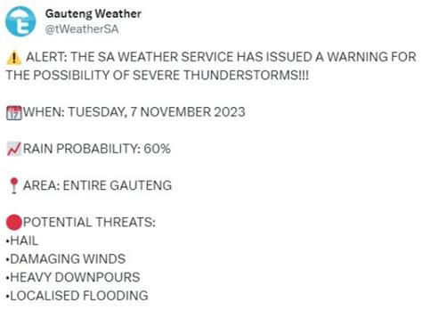 Flooding Damaging Winds And Hail For Gauteng Warns Saws