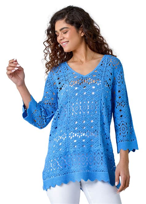 Roman Light Blue Cotton Crochet Tunic Top Matalan