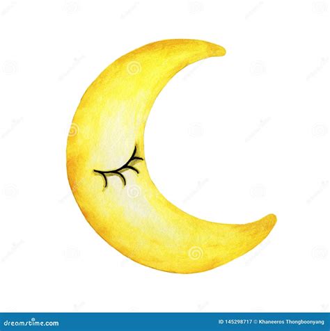 Crescent Moon Face Hand Drawn Watercolor Illustration Stock