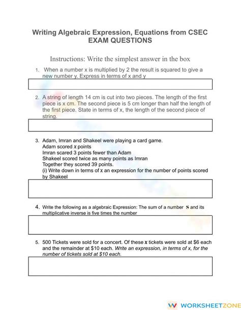 Writing Algebraic Expressions Worksheet