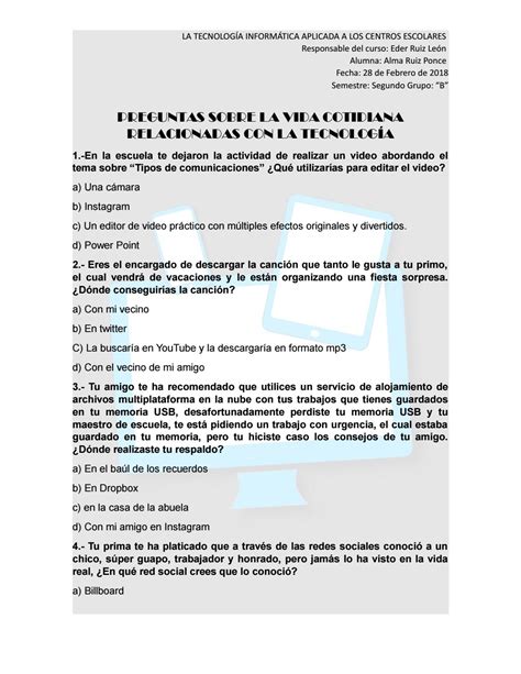 Preguntas Sobre La Vida Cotidiana Relacionadas Con La Tecnolog A By