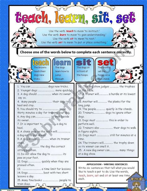 Troublesome Verbs Part Teach Learn Sit Set Esl Worksheet By