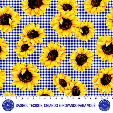 Tricoline Estampa Digital Girassol Fundo Xadrez Azul E Branco