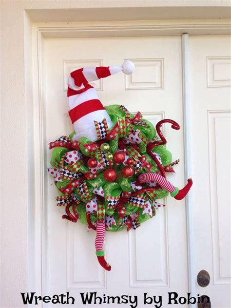 Xl Deco Mesh Holiday Elf Wreath In Lime Green And Red With Hat That