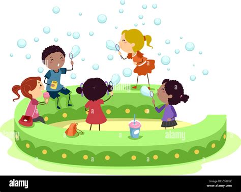 Illustration of Kids Playing with Bubbles Stock Photo - Alamy