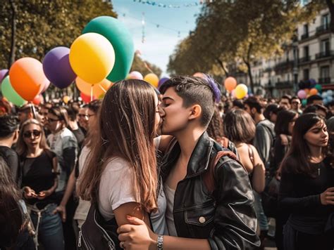 Premium Ai Image Lesbian Couple Showing Love In Lgbt Pride Parade Lgbt Rights Concept Ai Generated